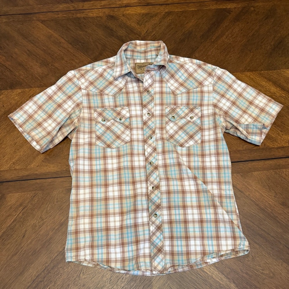 Wrangler Short Sleeve Plaid Button-Down Shirt in Brown, Blue, White